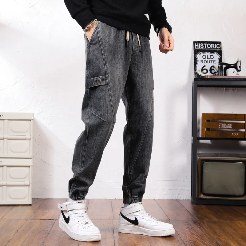 Vintage Loose Haren Jeans Spring Autumn Youthful Vitality Spliced Men's Clothing All-match Elastic Fashion Drawstring Trousers