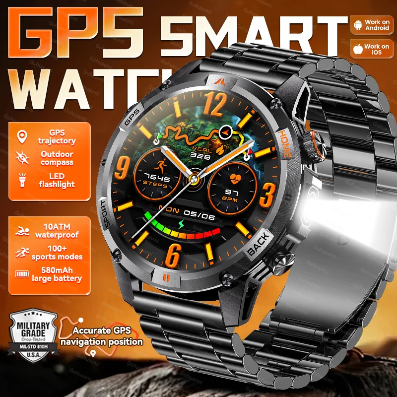 

2025New Military Built-in GPS Adult Smart Watch Compass Flashlight Bluetooth Call Men Outdoor 10ATM Waterproof Sports Smartwatch
