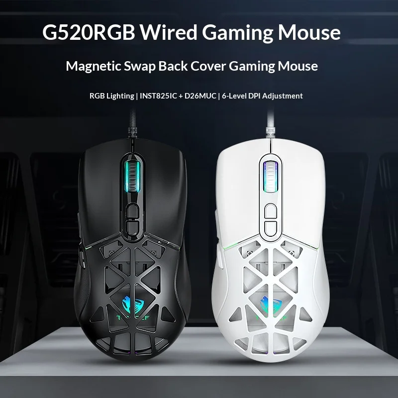 T-Wolf G520 Wired Rgb Gaming Mouse 7 Buttons 6 Adjustable Dpi Magnetic Removable Back Cover Hollow Mouse For Gamers Office Use