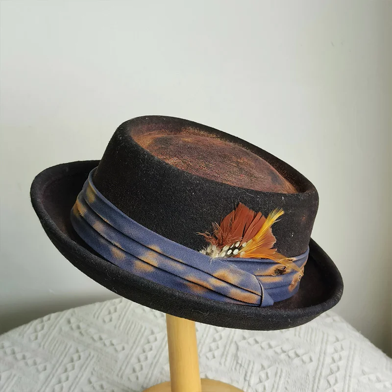 

Handmade wool burned hat Vintage Pork Pie Hat Men feather fedora hat flip-brim Felt hats Panama Gentlemen women Church Jazz Hat