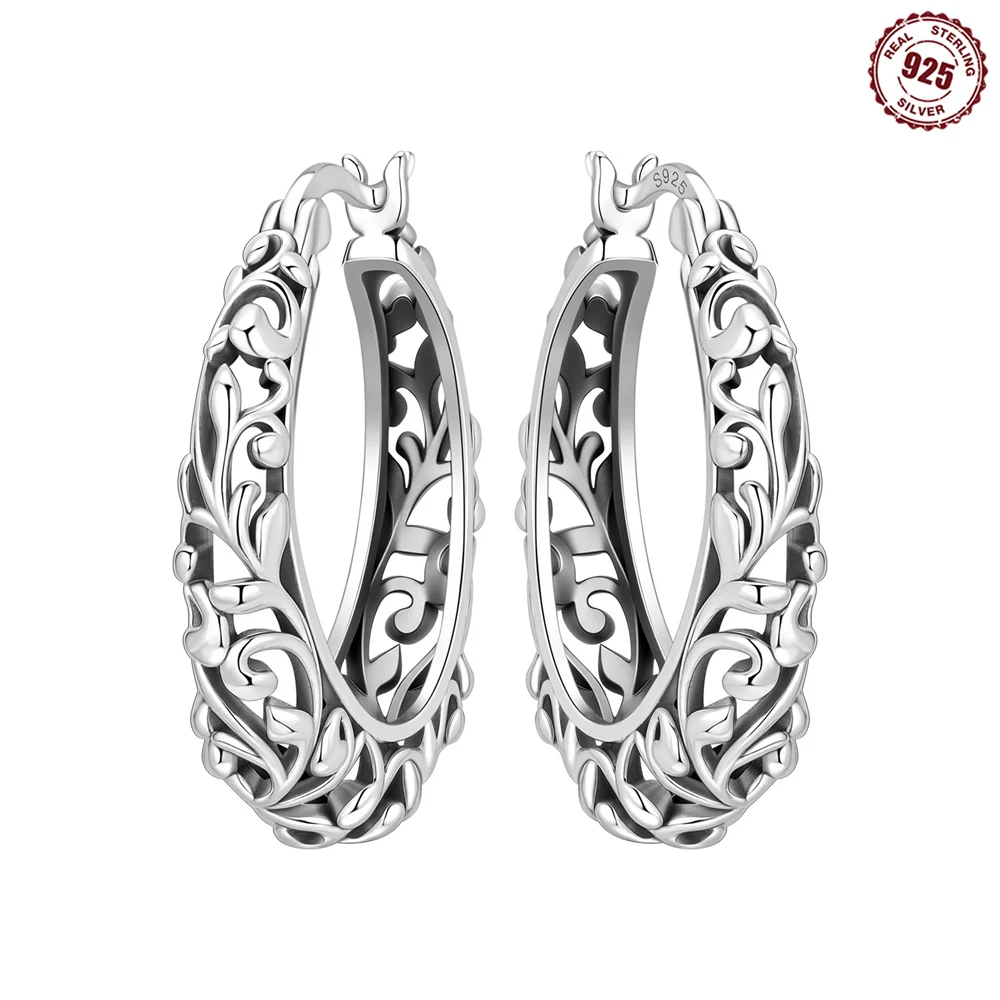 925 Sterling Silver Vintage Openwork Vines Oval Huggie Hoop Earrings Filigree Scroll Floral Carved Earrings Women Jewelry Gift