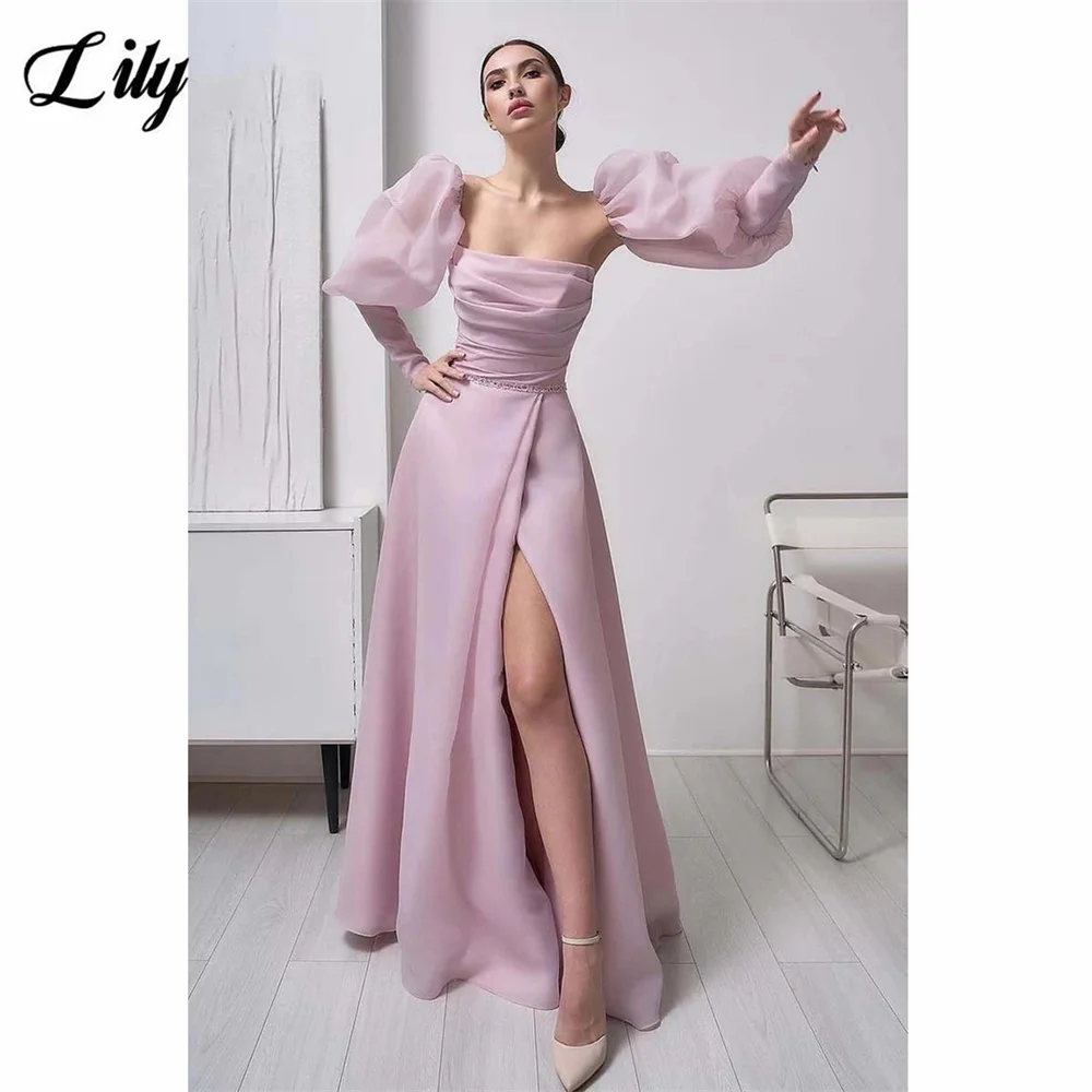 

Lily Light Pink Evening Dress Strapless Beach Party Dress With Detachable Sleeves Robe De Soirée Side Satin Split Prom Dress