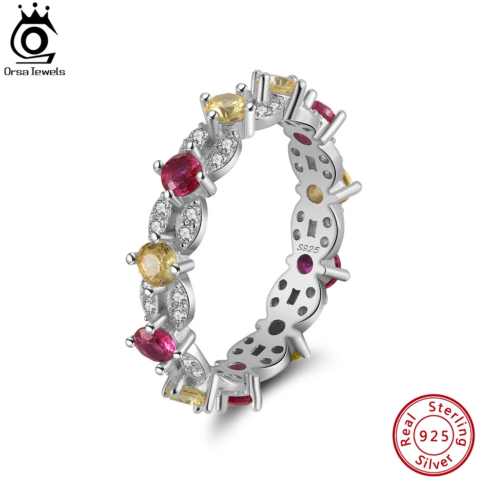 

ORSA JEWELS Exquisite Multi-Color AAAA Zirconia Double Row Rings 925 Sterling Silver Eternity Band Ring for Women Jewelry EQR58