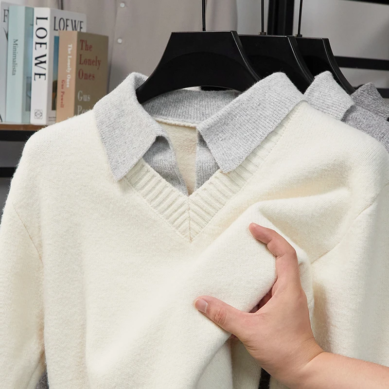 

Autumn Winter New Men's Contrast Color Lapel Fake Two Piece Sweater Original Design Minimalist British Style Knitwear Men'swear