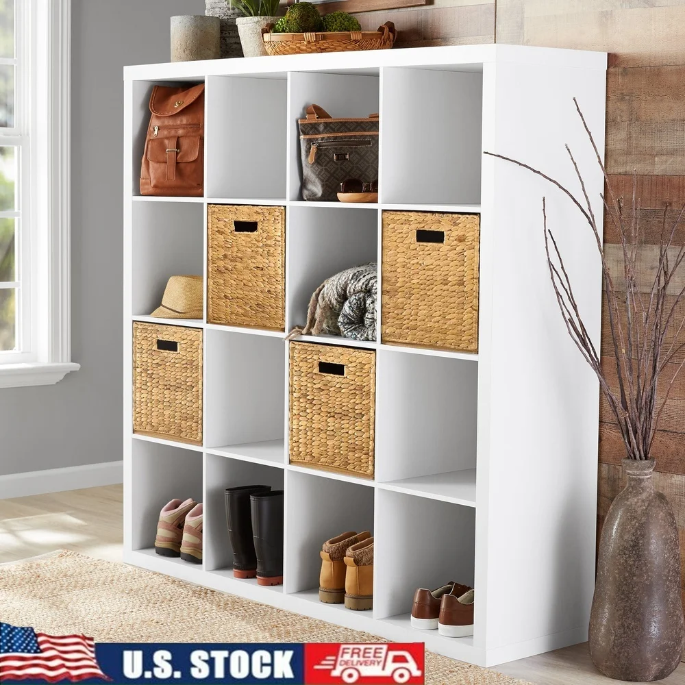 

16 Cube Storage Organizer Modern Open Back Bookcase with 13x15 Compartments Wall Mounted Safety Strap Easy Assembly Office