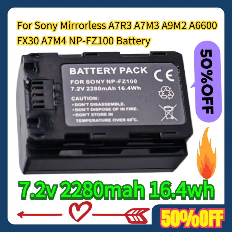 

For Sony Mirrorless A7R3 A7M3 A9M2 A6600 FX30 A7M4 NP-FZ100 Battery 7.2v 2280mah 16.4wh