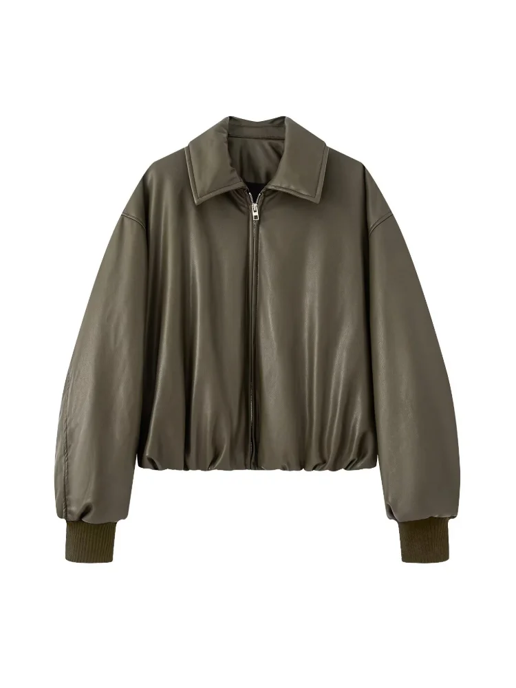 الشارع الشهير امرأة ريترو فضفاض قصير بولي PU فو سترات من الجلد الإناث سستة معطف خمر موتو السائق أبلى المرأة الشتاء جلد الغنم