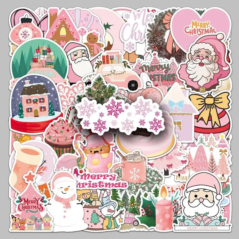 50 ملصقات صور كرتونية لعيد الميلاد الوردي مقاومة للماء لتزيين العطلات، بطاقات تهنئة ذاتية الصنع، كتب يدوية، ملصقات Guka هدية العيد #4