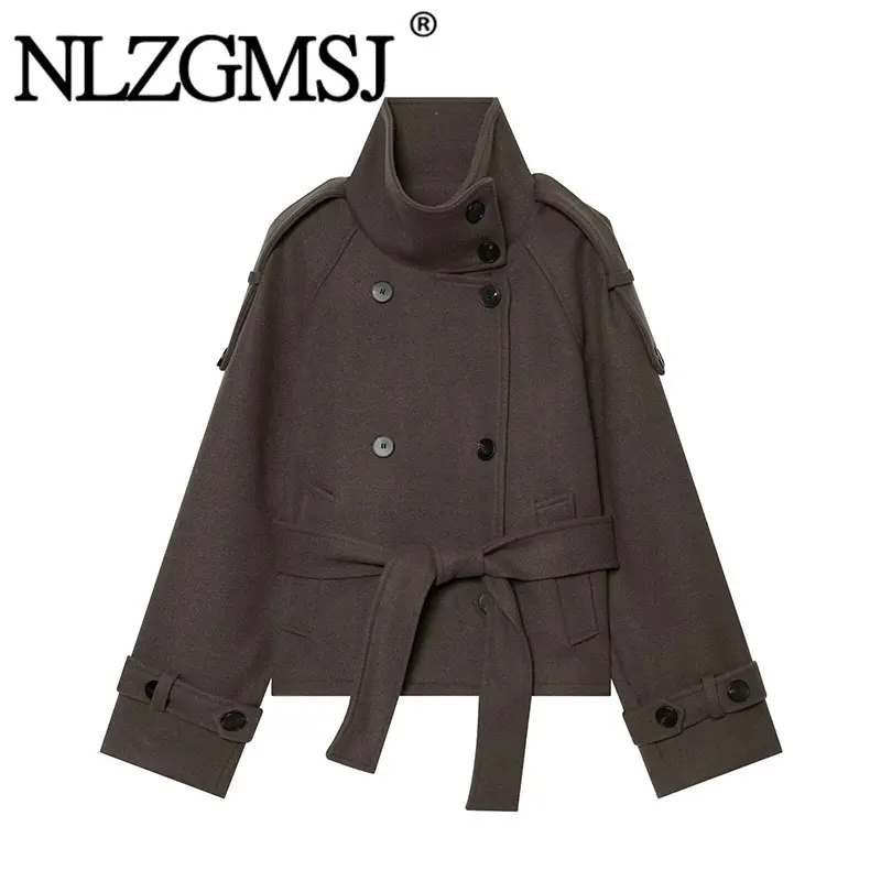 NLZGMSJ 2026 Autumn Winter High Street Chic Women Coat Stand Collar Double Breasted Sashes Long Sleeve Coat Fashion Office Coat
