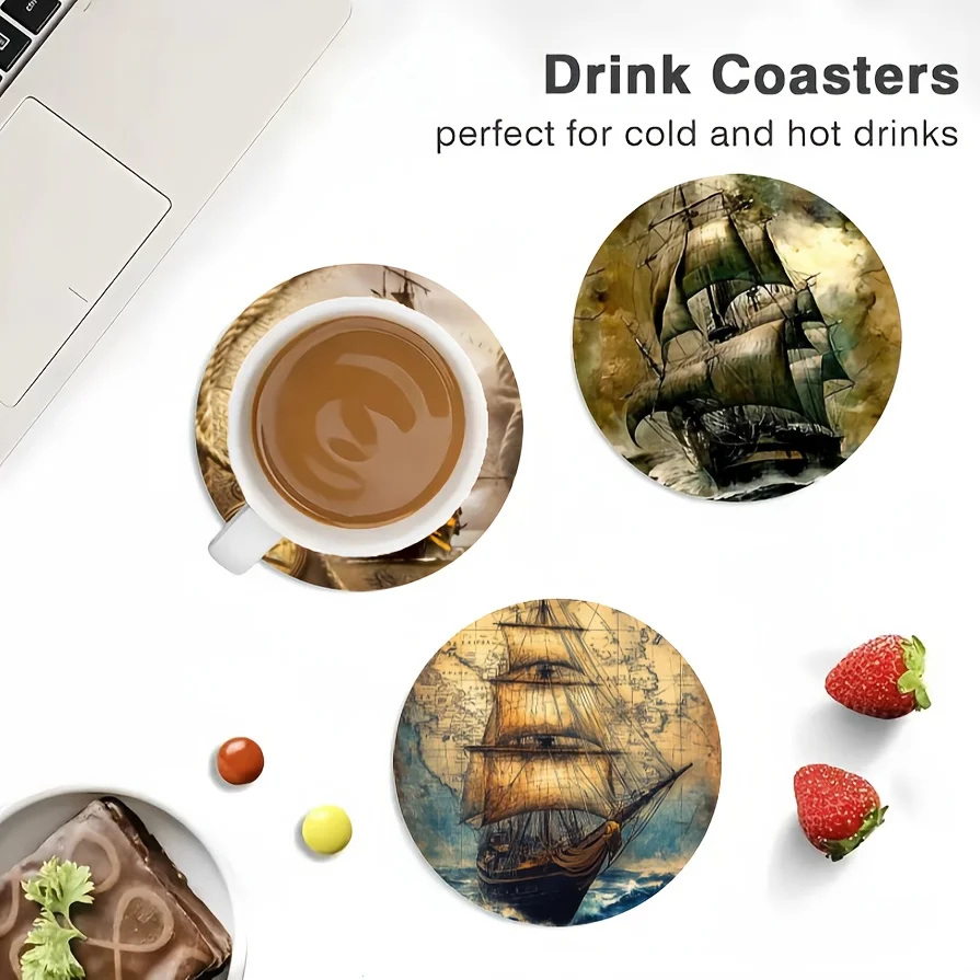 Vintage Pirate Themed 2D 10CM 6PCS Wooden Coaster Set - Home Decor Restaurant Bar Coffee Shop Office Decorative Drink Mat Gift