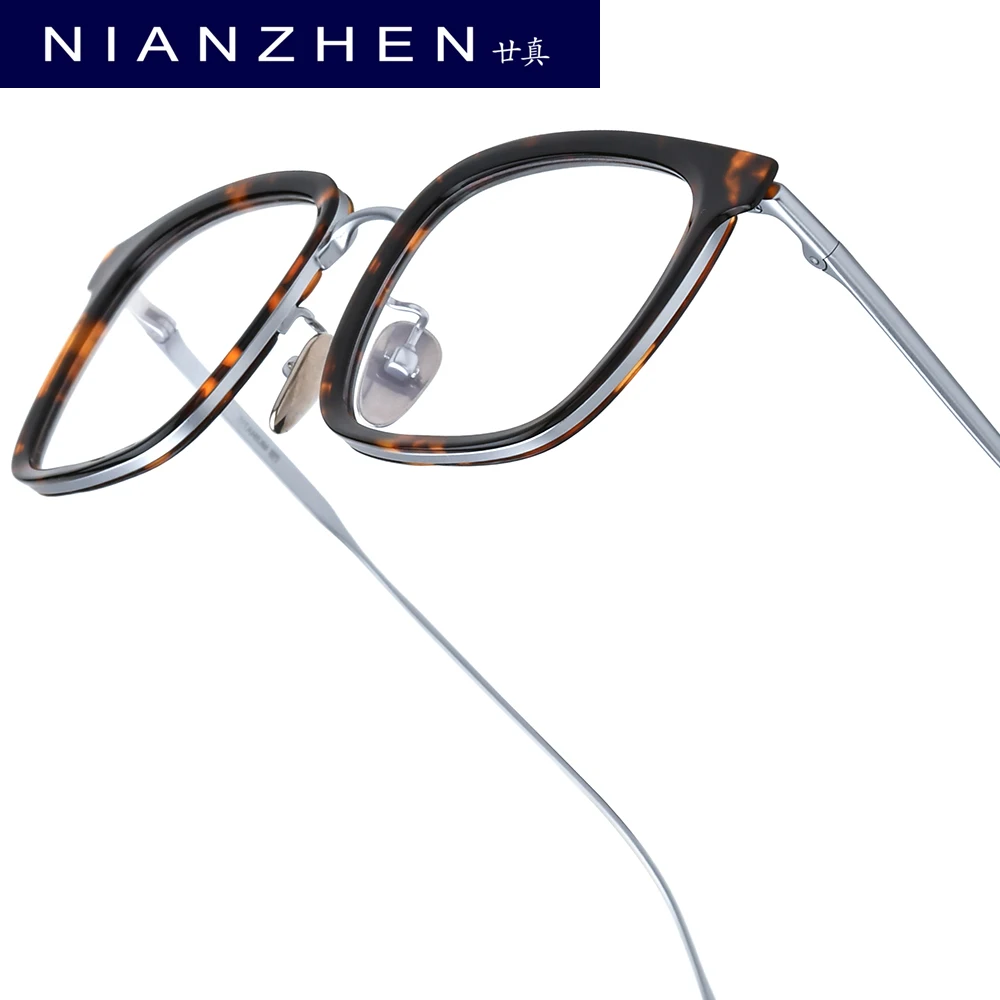 NIANZHEN Acetate Titanium Eyeglasses Frame Men Big Square Brand Design Glasses Ultralight-Weight Retro Eyewear Spectacles 9019