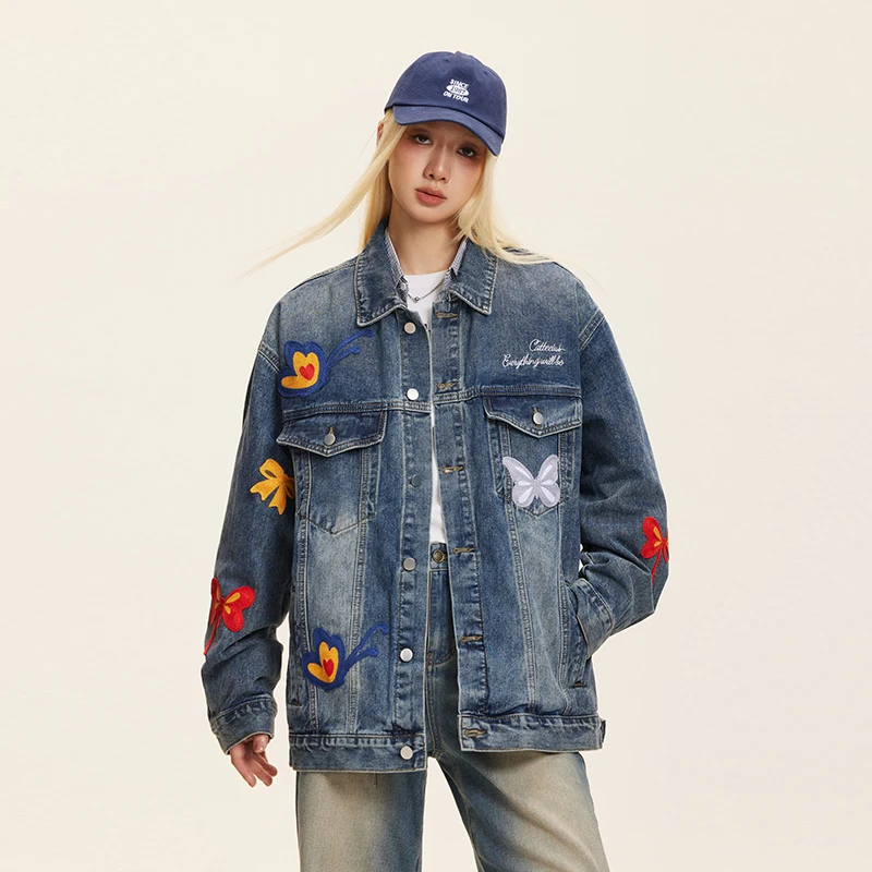 

Butterfly Embroidery Jeans Jacket Men Women Streetwear Vintage Fashion Loose Casual Denim Jacket Cowboy Motorcycle Coats