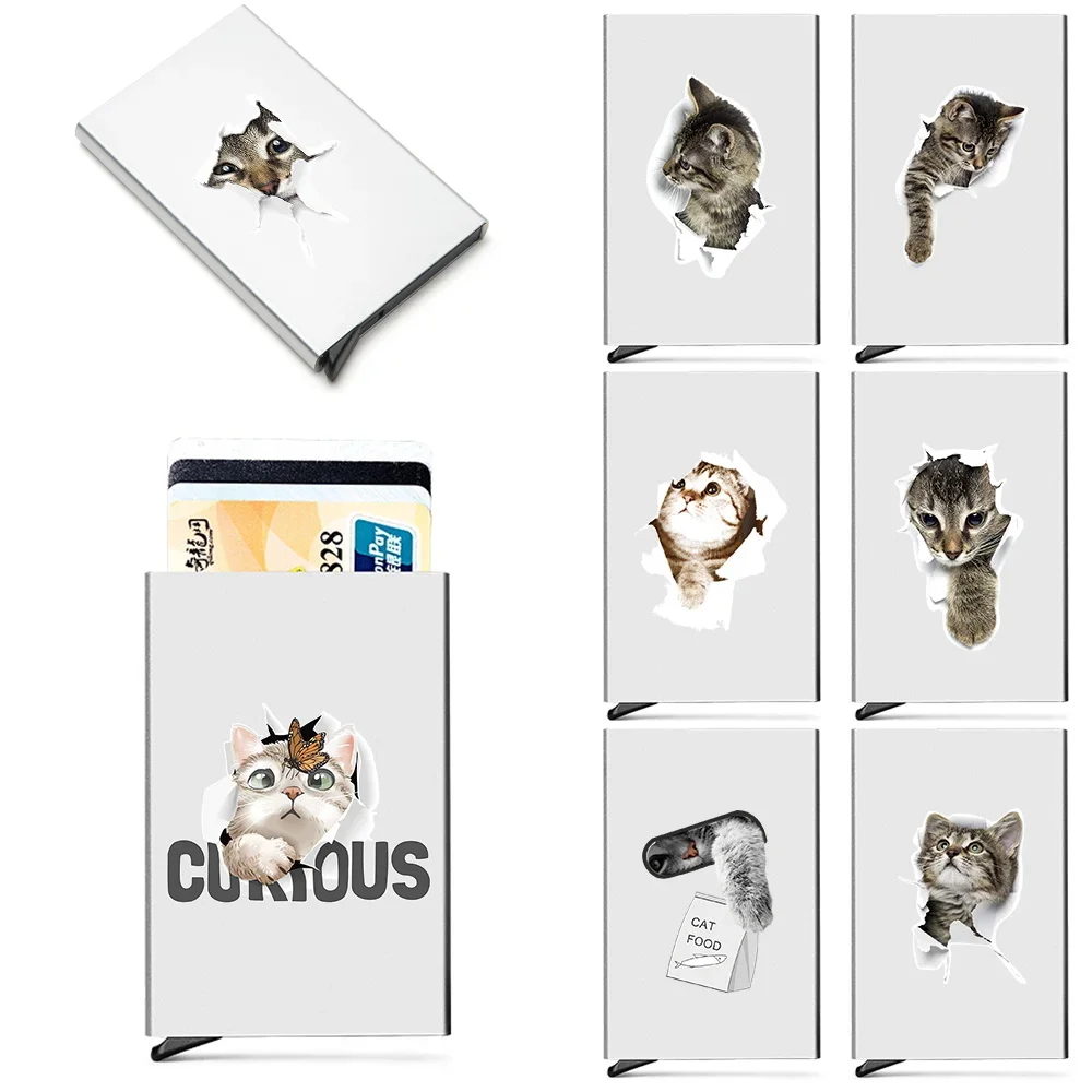 

ID Credit Men Card Holder Mini Brand Cute Cat Printed Luxury Wallet Anti Rfid Blocking Protected Magic Slim Money Wallets Case