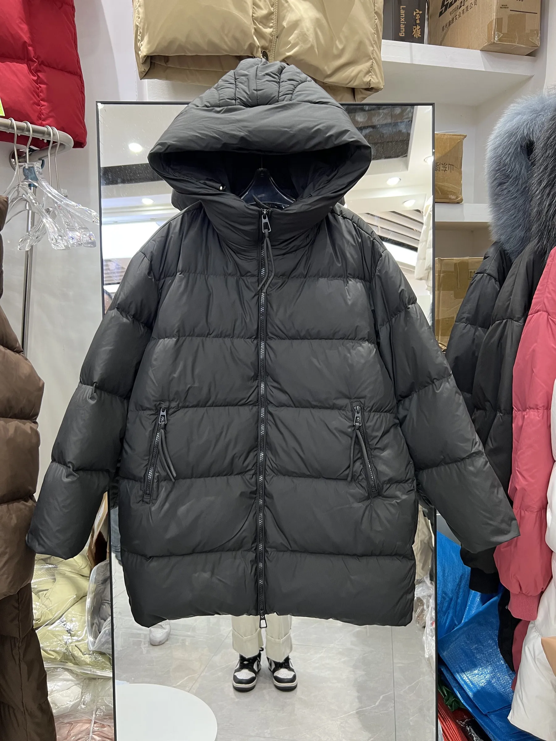 2025年新作 レディース ミドル丈 ダウンジャケット フード付き カジュアル シンプル ホワイト ダウン アウター トレンド