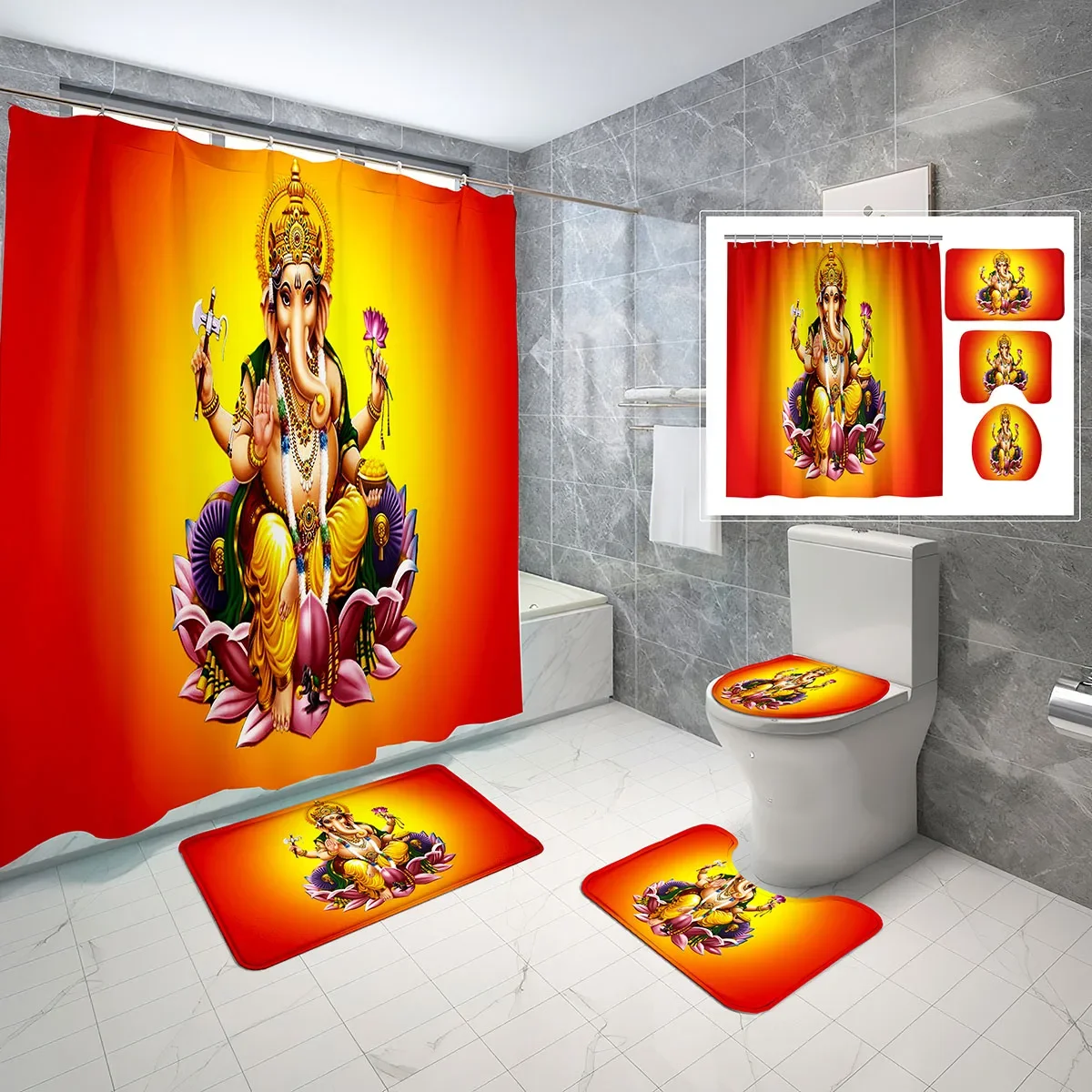 4 Pcs Ganesha Shower Curtain Sets Hinduism God of Wisdom Non-slip Bath Mat Toilet Lid Fabric Waterproof Shower Curtain Set