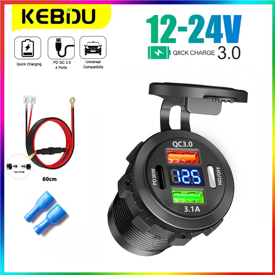 Autoladegerät PD+QC3.0 USB TYPE-C Ladegerät Wasserdichte Steckdose Netzteil Universal 12-24V für Motorrad LKW ATV Boot