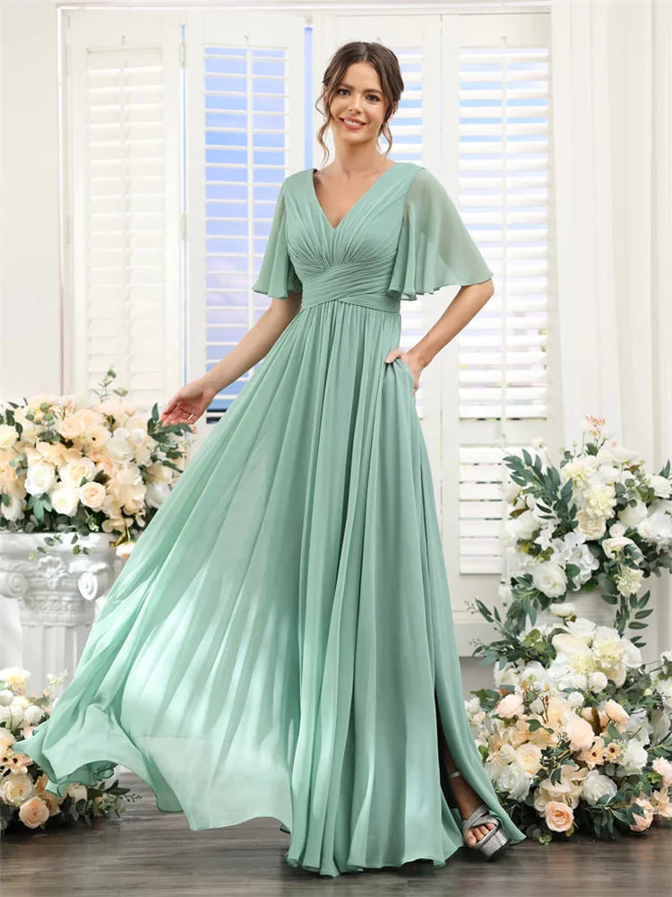 A-Line V-Neck Half Sleeves Split Side Floor Length Chiffon Bridesmaid Dresses With Pockets Elegant Dresses for Weddings Guest