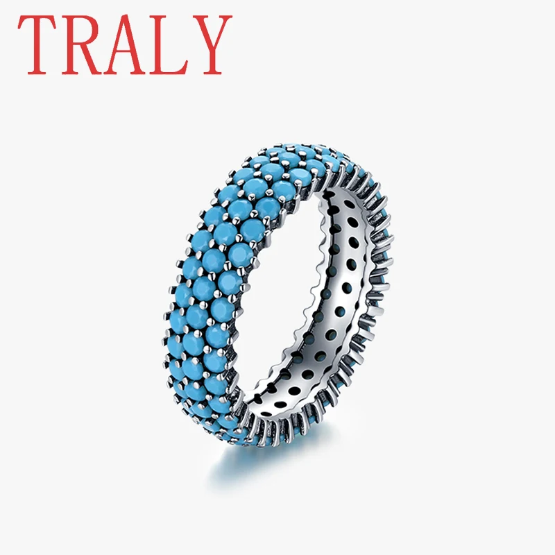 S925 Sterling Silver Set Three Rows Turquoise Women's Ring Exquisite Retro Style Exquisite Jewelry Jewelry