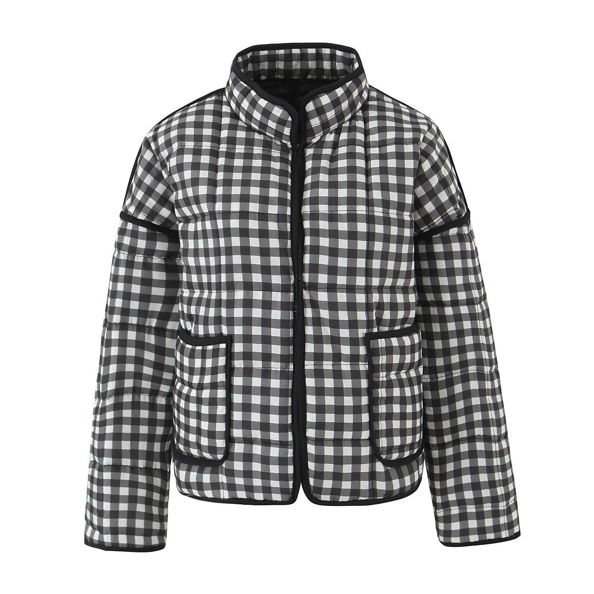 American retro black and white plaid color matching stand collar cotton coat women\'s winter new fashion all-match warm jacket sm