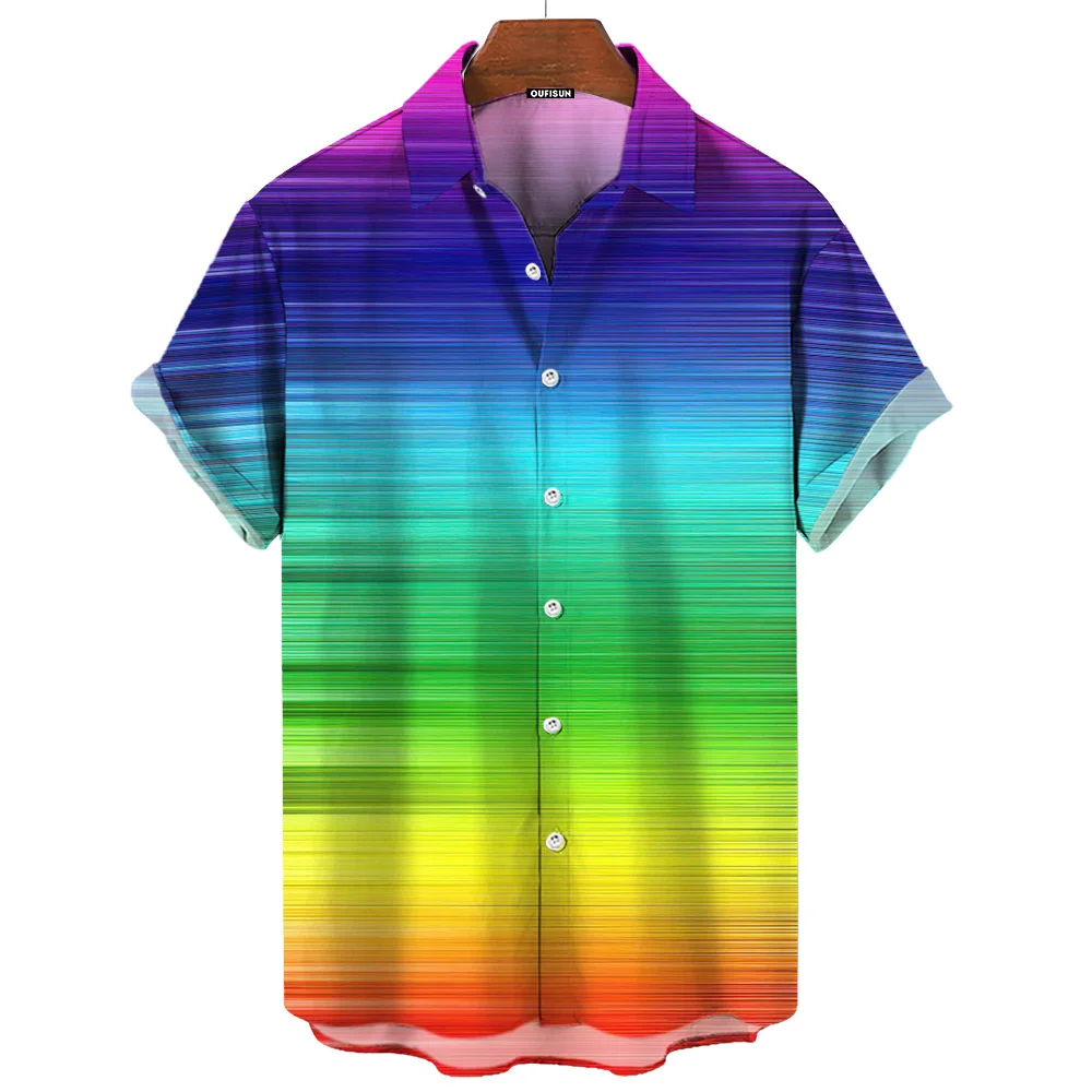 

Rainbow Color Short Sleeve Shirt For Men Oversize M-3XL Lapel Color Striped Men Shirts Fashion Casual Loose Fit Men's Clothing