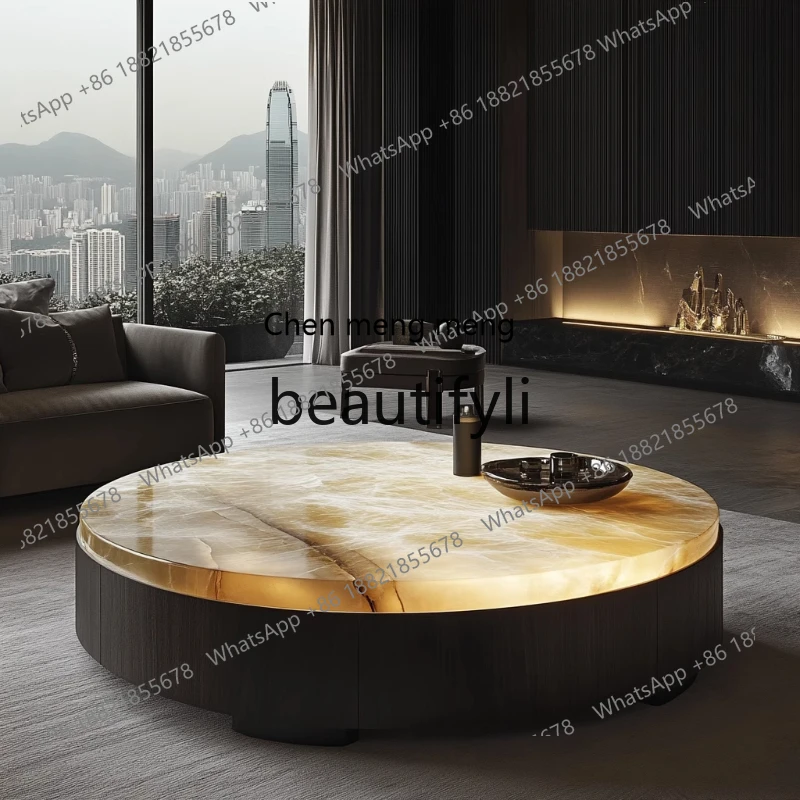 

Round luminous jade coffee table light luxury modern high-end living room natural marble luxury stone minimalist, home H