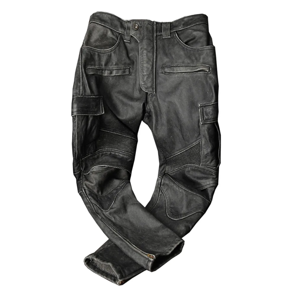 FJMotorcycle-Pantalon de motard en cuir pour homme, optique, 100% cuir de vachette, vintage, gris, noir, hiver, 5XL