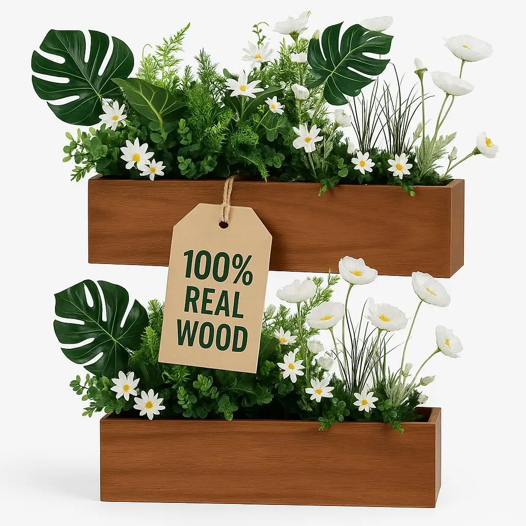 

Wood Planter Box Set of 2 – Real Acacia Planter Boxes with Removable Soft Plastic Cut to fit Liners – Long Rectangular Ind