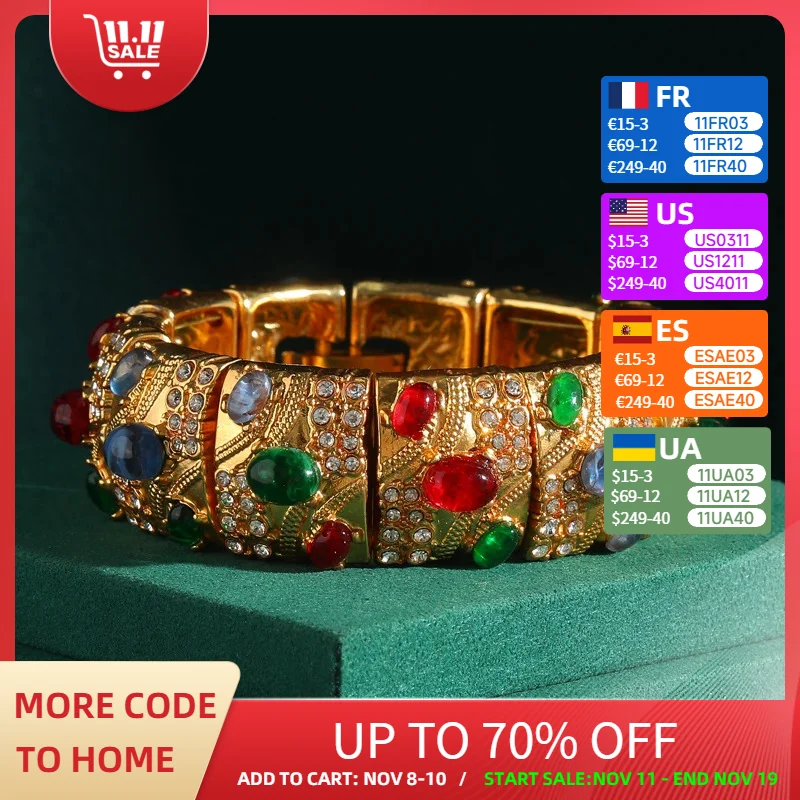 

Vintage Wide Gold Color Bangle Bracelets For Jewelry Elastic Natural Stone Blue Green Red Glass Woman Retro Accessories 2025 New