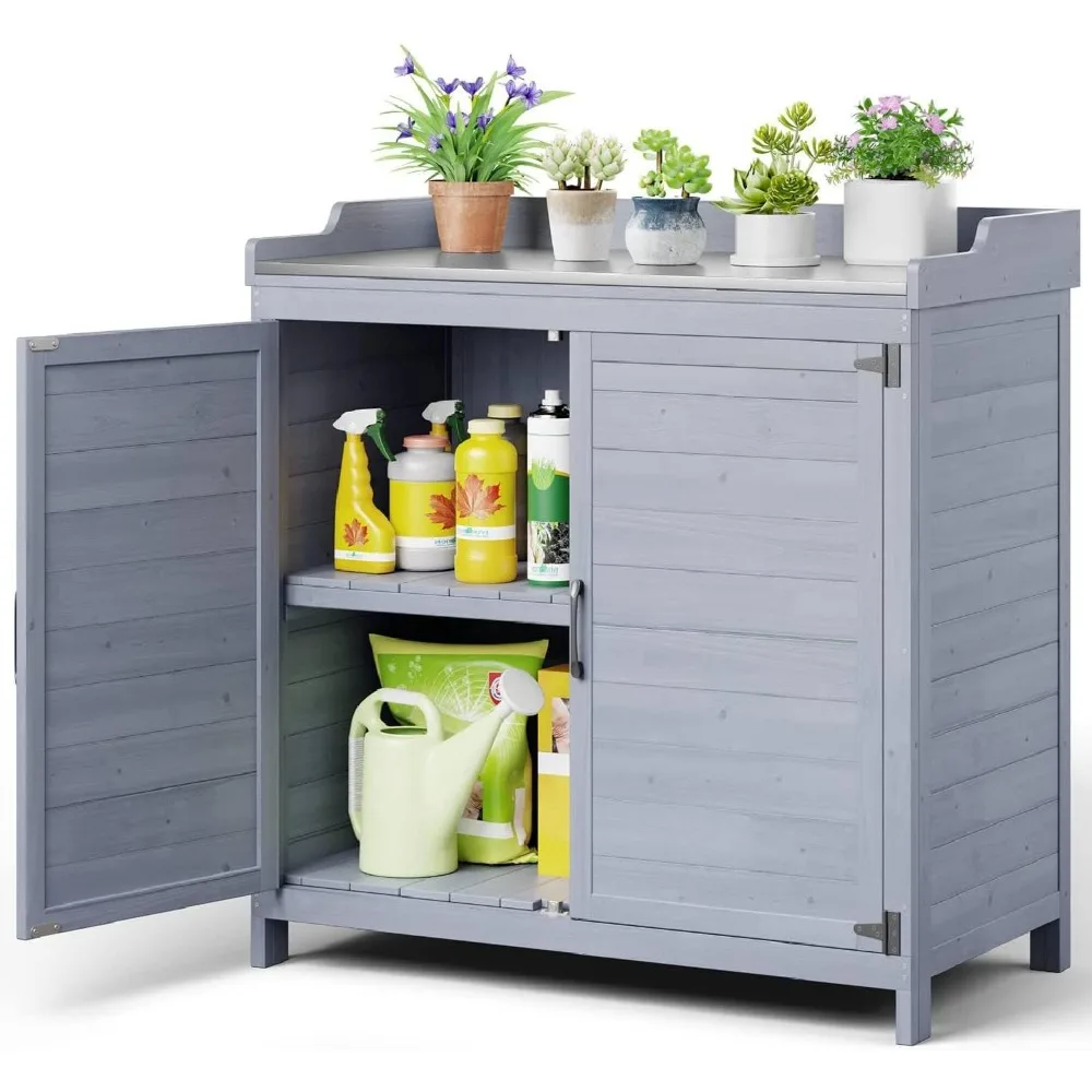 

Outdoor Potting Bench with Metal Tabletop, Outdoor Garden Patio Wooden Storage Cabinet with Adjustable Shelf, Double Doors Gard