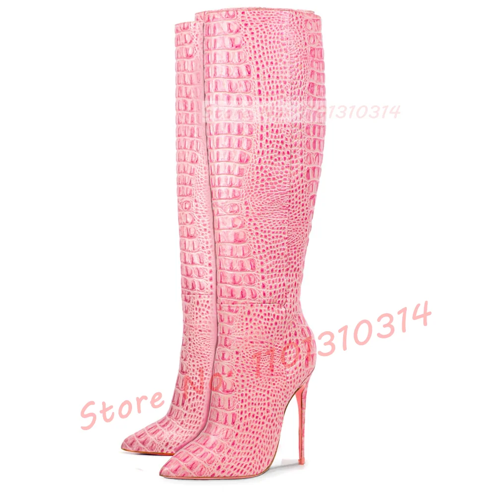 Pink Crocodile Slim Tall Boots Women Nifty Pointy Toe Stiletto High Heels Winter Shoes Newest Casual Street Style Side-zip Shoes