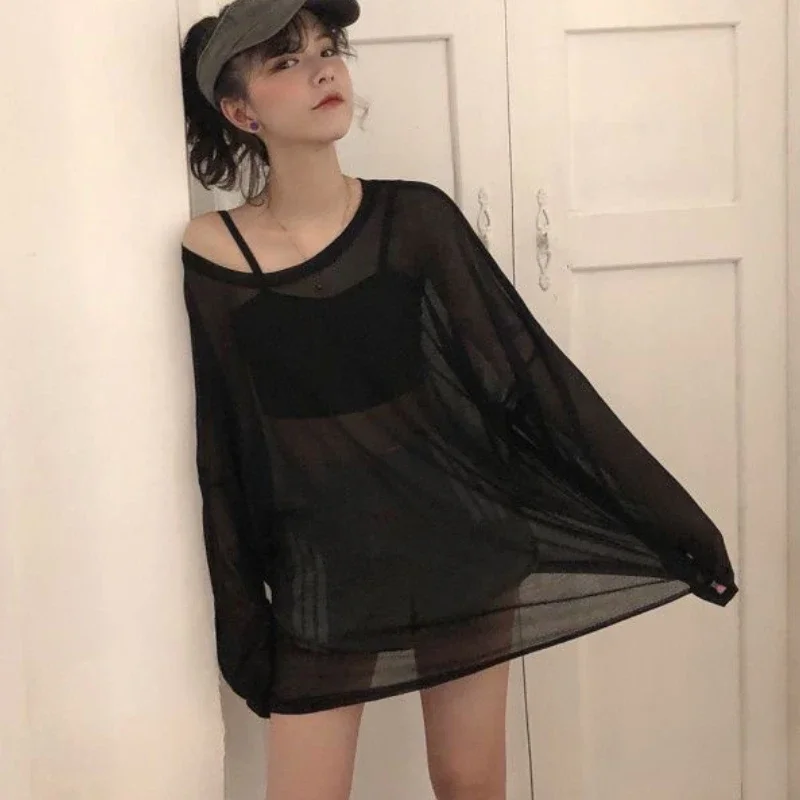 2026 Chic Lazy Women Sheer Baggy Tshirt Summer Casual Loose Pullover Solid Color Off Shoulder Streetwear Fashion