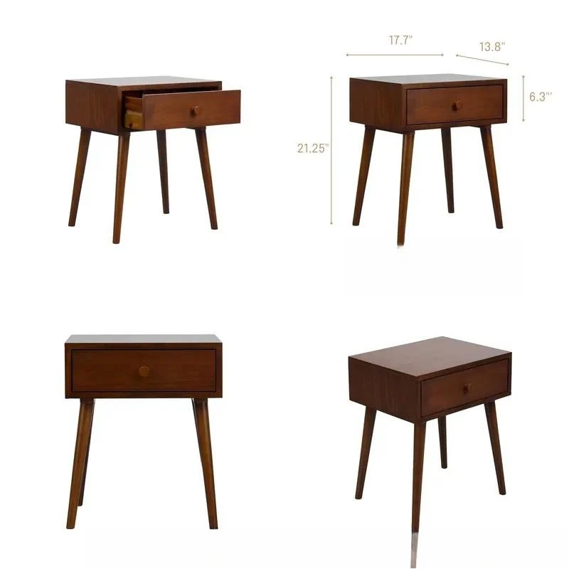 Mid Century Modern Side Table Solid Wood Bedside Frame with Drawers Bedroom Furniture