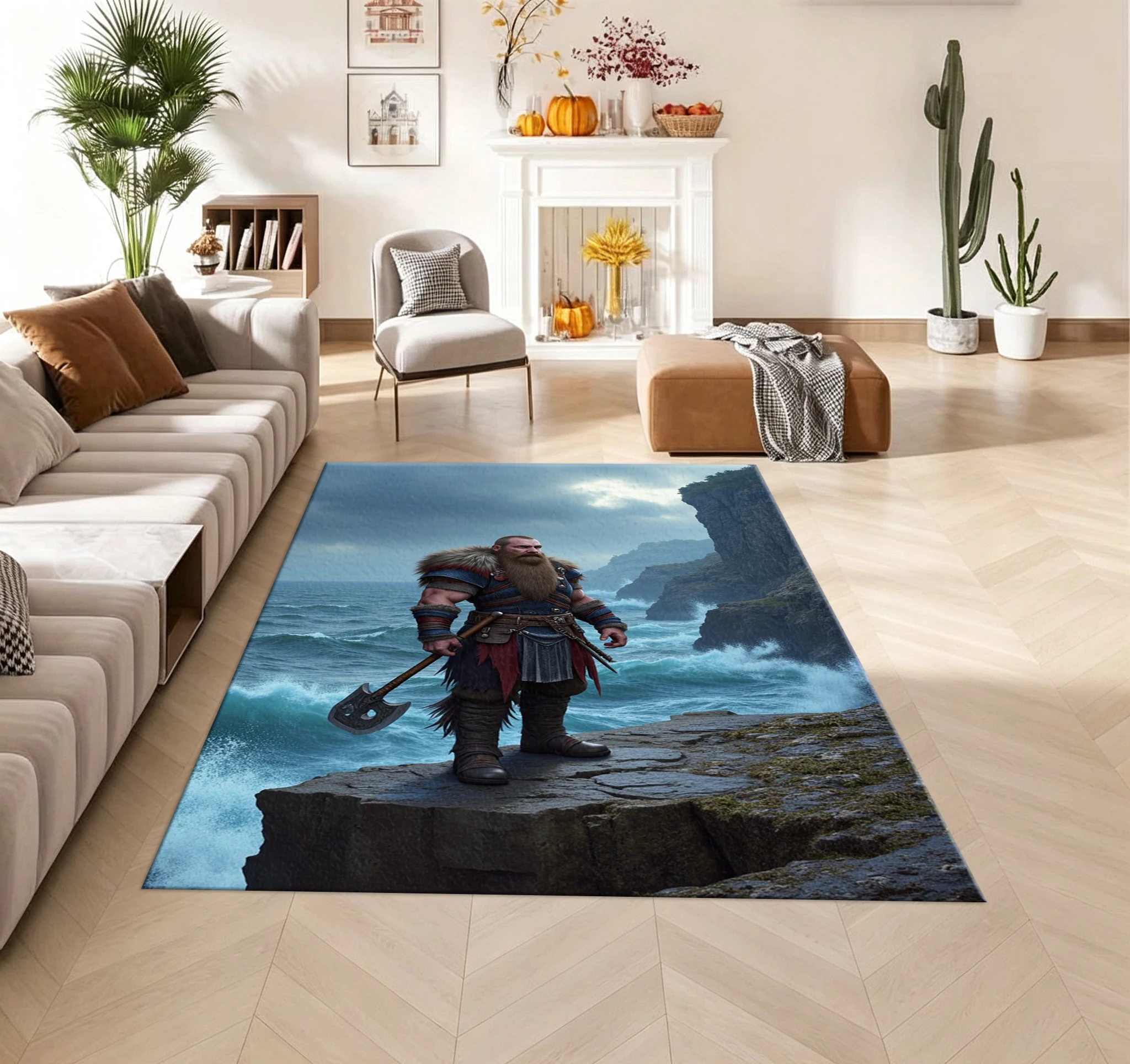 Viking Warrior Ocean Cliff Art Carpet Fashionable Printed Carpet Floor Mat Suitable for Home Living Room Decoration