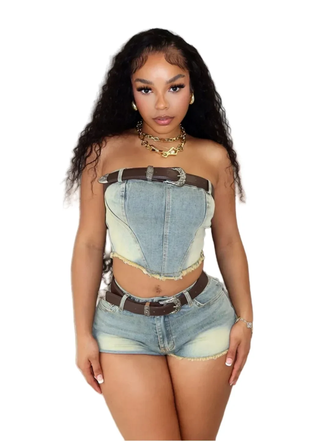 Sexy Denim Shorts Set Without Belt Summer Strapless Stretchy Crop Top Shorts Y2K Fashion 2 Pieces Set Club Party Jean Tracksuit