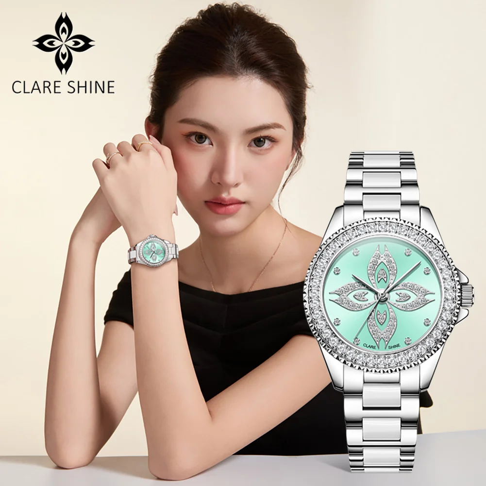 CLARE SHINE Diamond Women's Watches Fashion Wave Strap Luxury Quartz Wrist Watches Elegant Ladies Watches Necklace Gift Box 8106