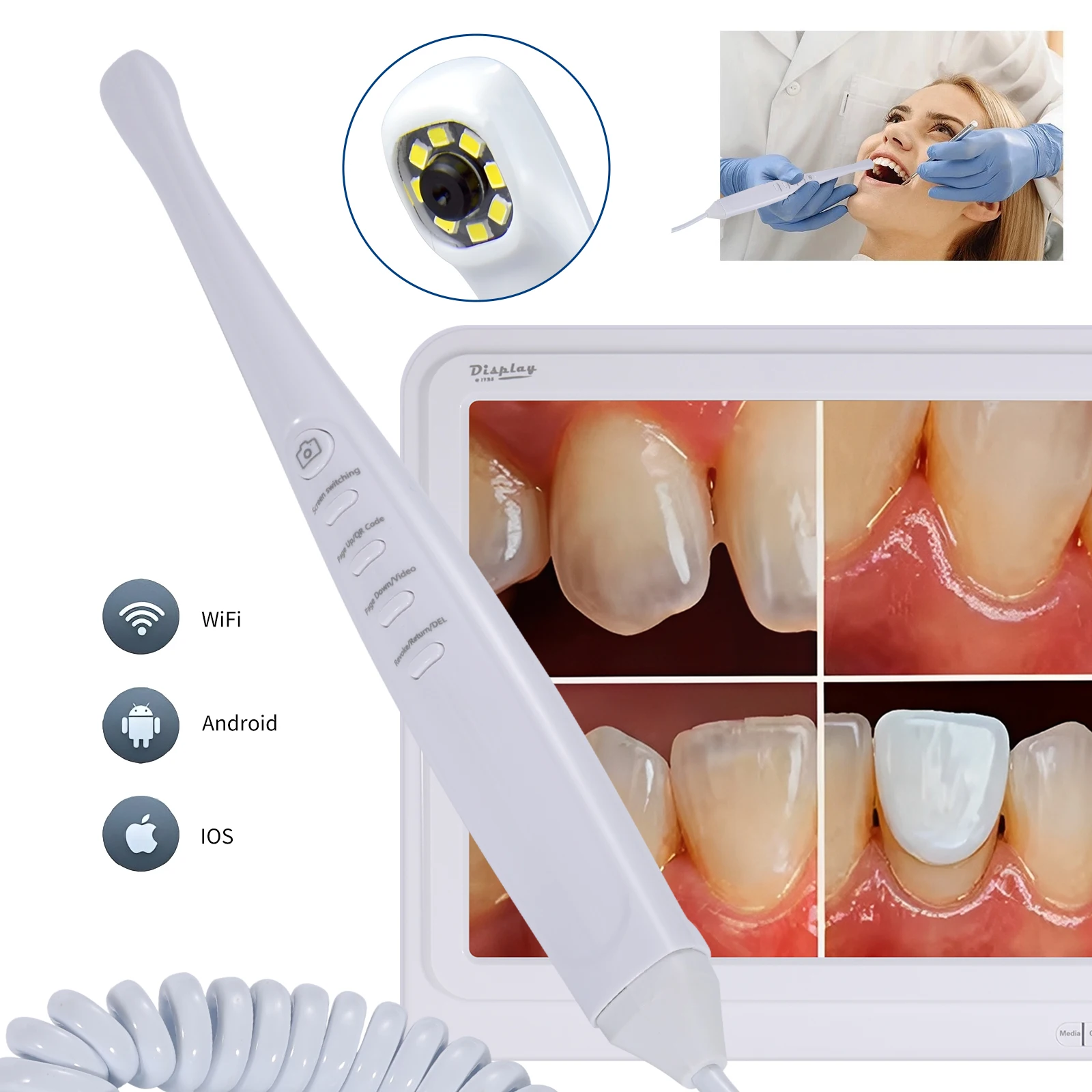 

17-дюймовый ЖК-экран, стоматологический эндоскоп, монитор HD, цифровое радио, внутриротовая камера, умный фокус, 8 шт., светодиодный для стоматологического кресла