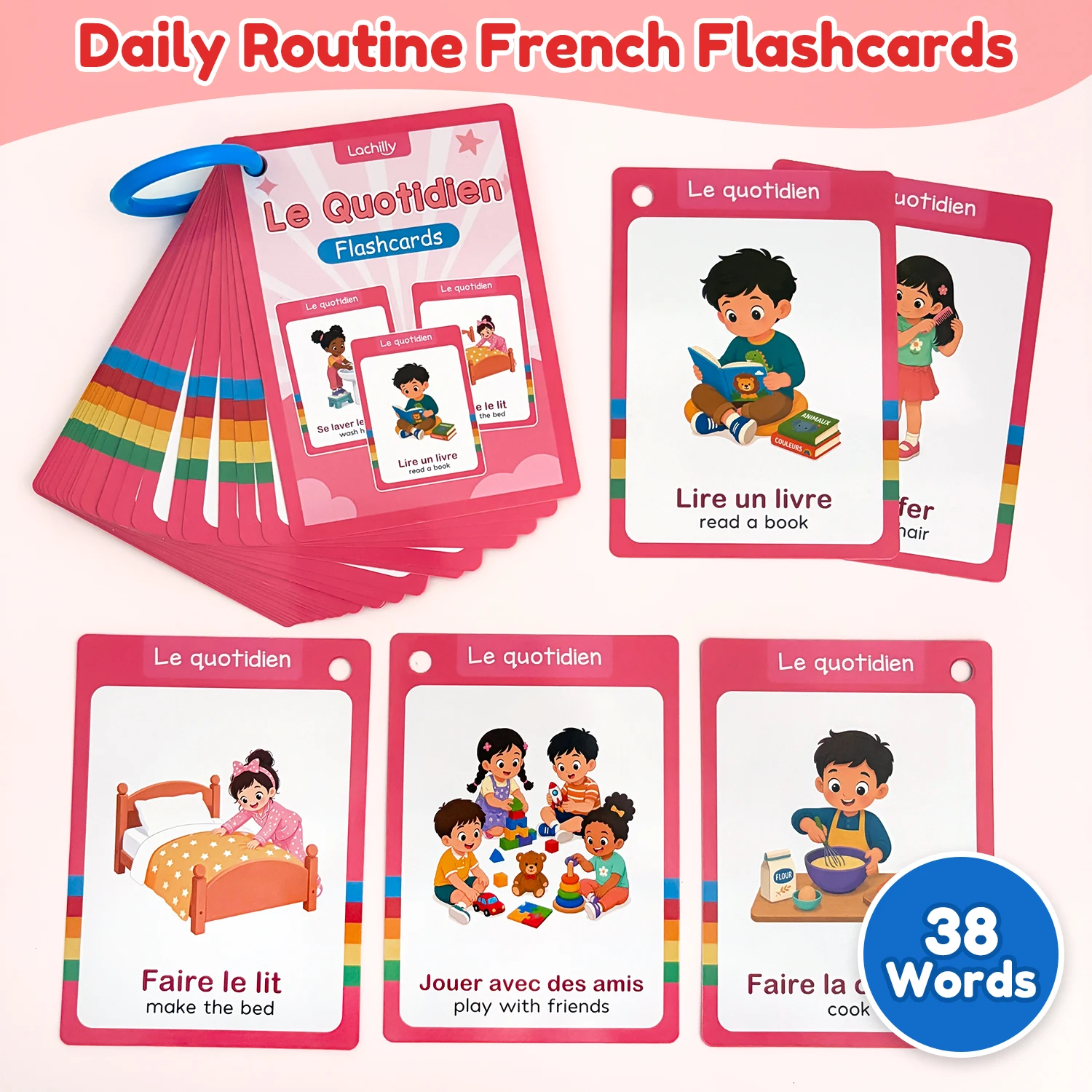 20Pcs French My Day Vocabulary Learning Cards for Kids French and English Daily Activities & Habits Flashcards School Supplies