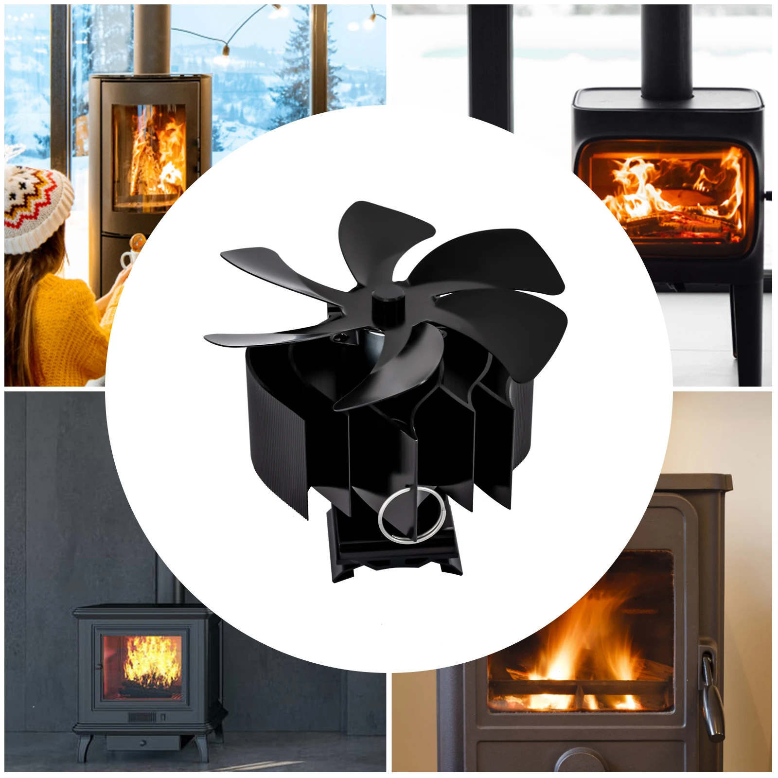 

Heat Stove Fan 6 Blades Silent Pipe Fireplace Fan Stove Fan on Chimney Horizontal Aluminum Alloy Stove Fan for 5-7 Inch Pipe