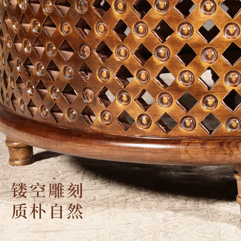 Thai round coffee table New Chinese living room Solid wood tea table Household simple