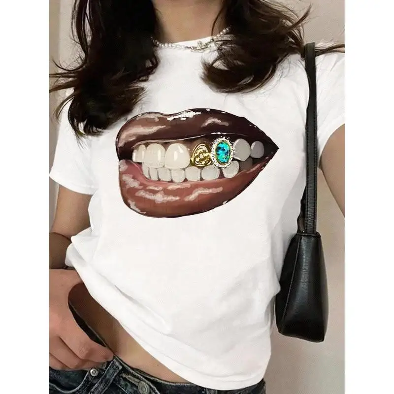

Women's Hip Hop T-Shirt Gold Grillz Lips Graphic Tee Streetwear Y2K Fashion Summer Cotton Top Rapper Style Gift