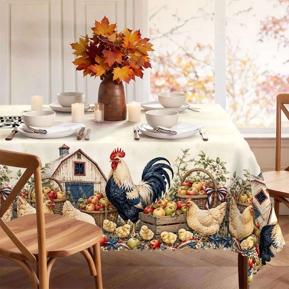 Farmhouse Tablecloth with Blue Roosters, Flower Cart for Indoor/Outdoor Camping decor, Rectangular/Round/Oval