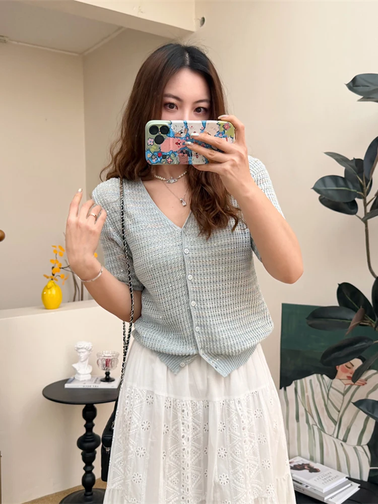 

V-Ne Knitted Sun Protection Air Conditioning irt Loose Fit Mixed Fibre Bead Me Top Women Autumn Spring