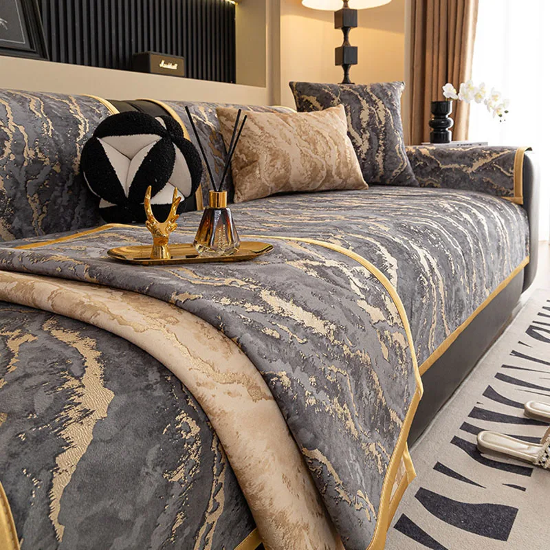 Cojín estampado dorado de terciopelo holandés Vintage, funda de sofá antideslizante gruesa nórdica para sala de estar, decoración del hogar Jacquard agradable para la piel