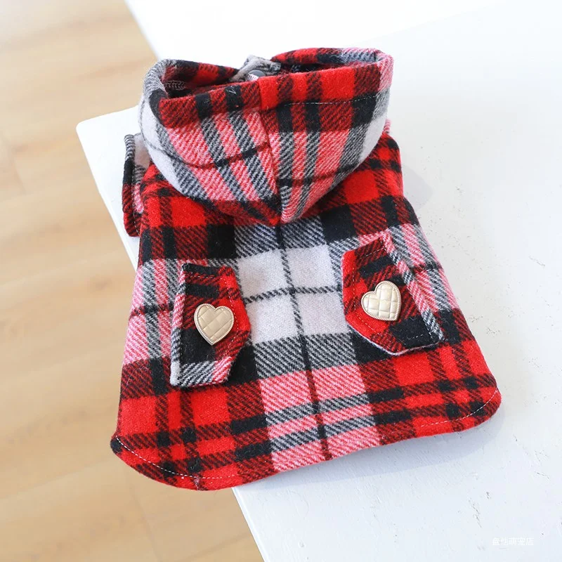 1PC Pet Clothes Dog Cat Autumn and Winter Thickened Warm Red Plaid Hat Coat Windbreaker Suitable for Small and Medium sized Dogs