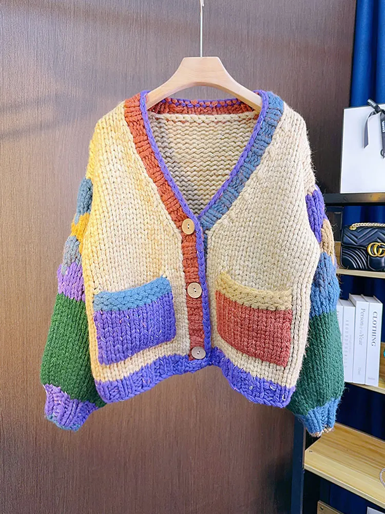 Cardigan lavorato a maglia con ago spesso lavorato a mano pesante artigianale, stile sciolto con blocchi di colore in filato spesso, cappotto maglione autunno inverno da donna