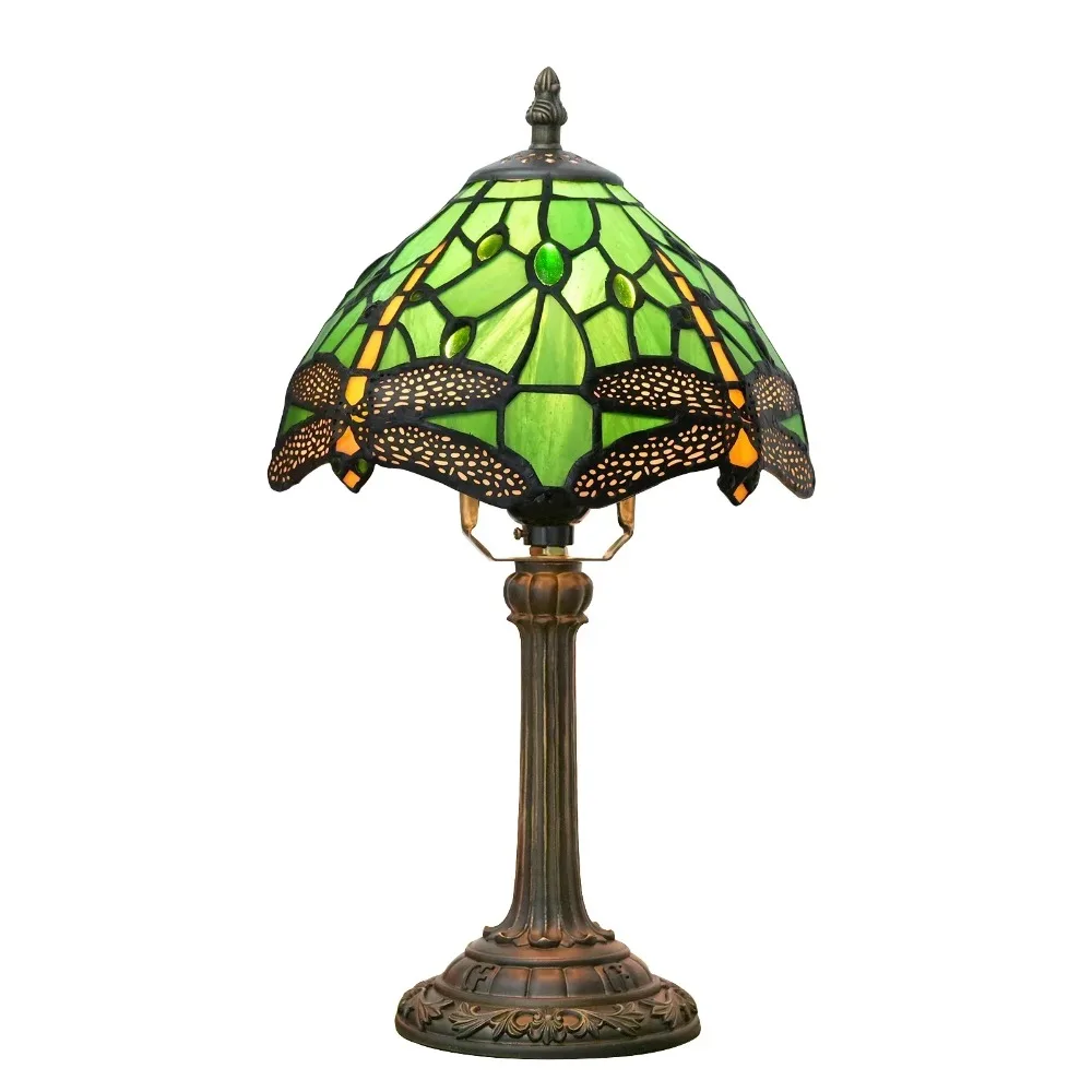 Stained Glass Table Lamp, Antique Green Tiffany Style Reading Light for Bedroom, Living Room and Office Decor Lampara Salon