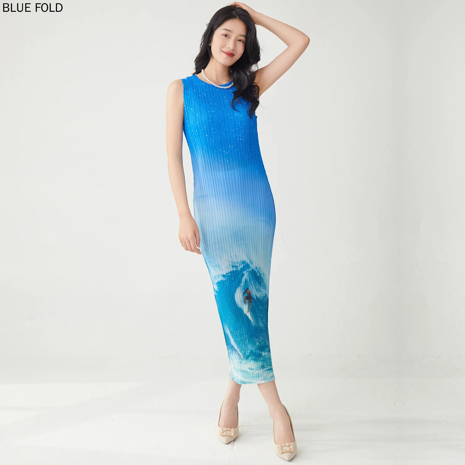 

Summer Slimming Sleeveless Printed Dress for Women Pear Shape Straight Pleats Vestido Senior Sense Miyake Style