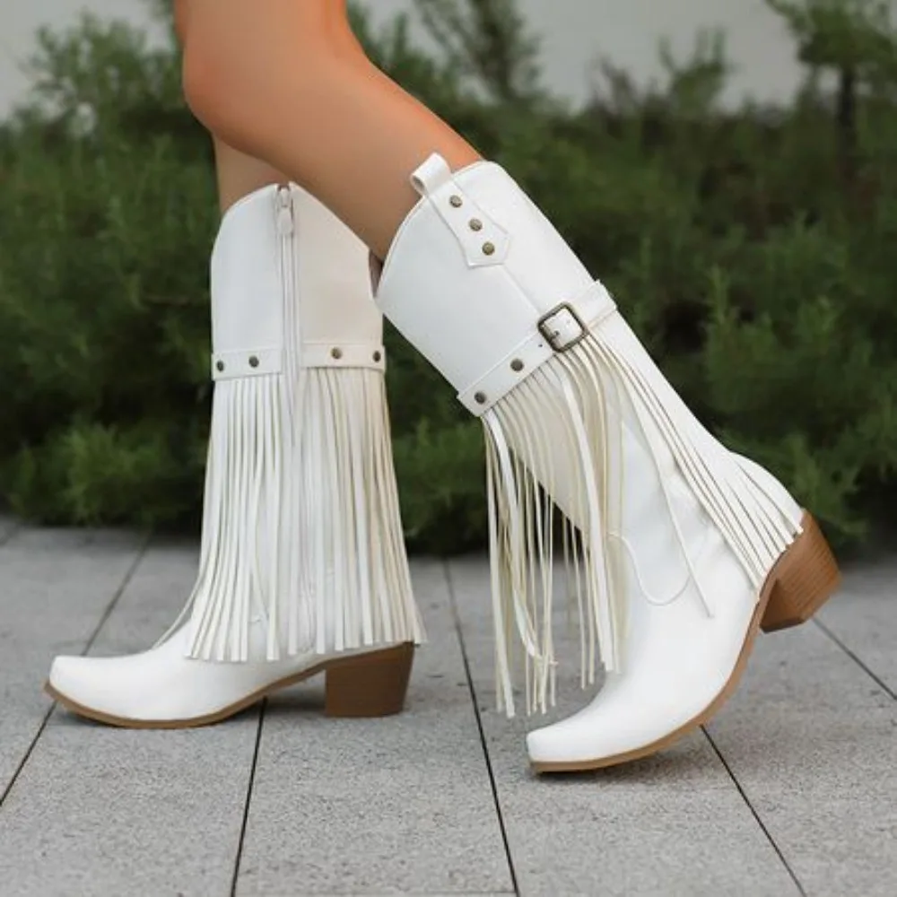 2026 New Autumn/Winter Women's Western Tassel Boots Mid-Calf Boots with Chunky Heel Square Toe Fashion Cowboy Boots multicolored
