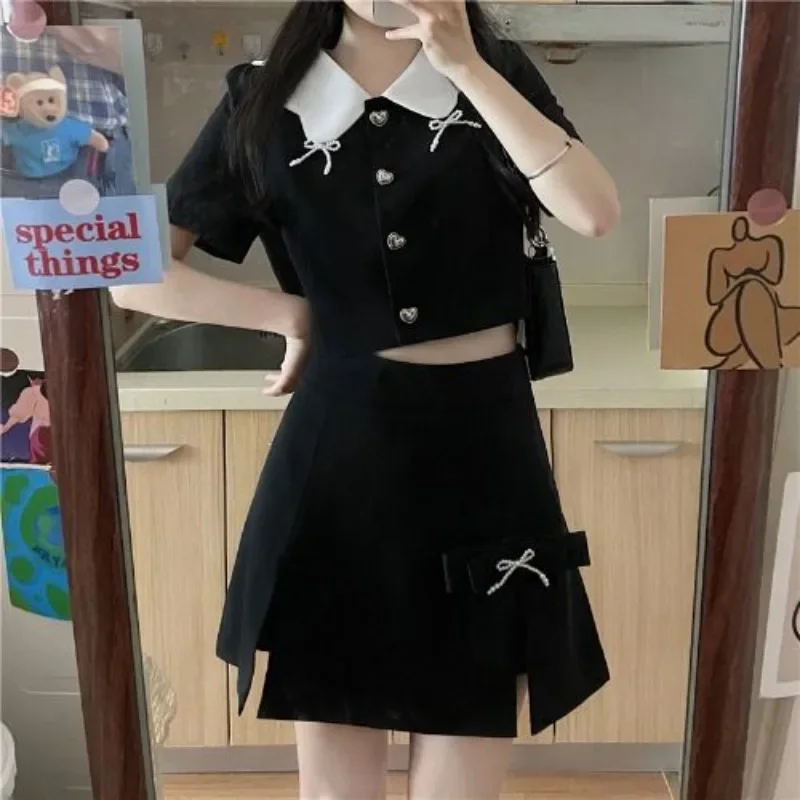 Party Women\'s Two Piece Set Lightly Cooked Short Sleeve Slit Commuting Skirt Female Outfits Mini Kawaii Black Vacation 2024 Full