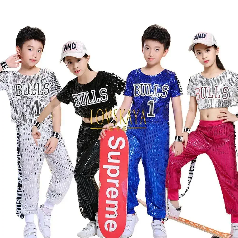 Jazz Sequins Dance Costume Children Hip Hop School Team Activities Performance Tshirt  Pants Set